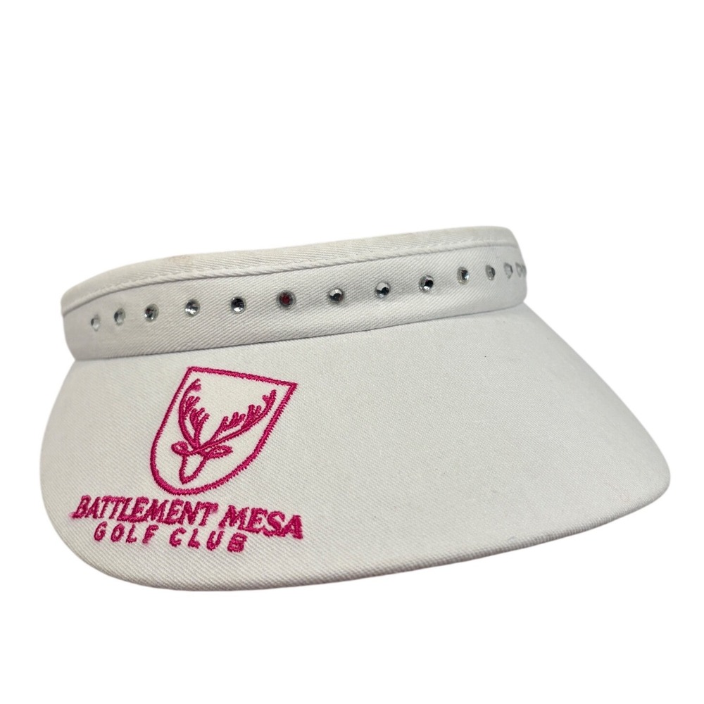 Town Talk Battlement Mesa Golf Club Visor White Rhinestone Pink Logo USA Made